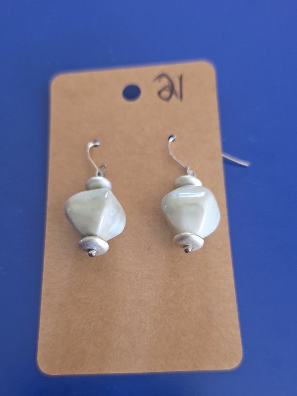 Handmade Shell Pearl Or Mother Of Pearl Drop Earrings Or  Pale Green Alabaster.